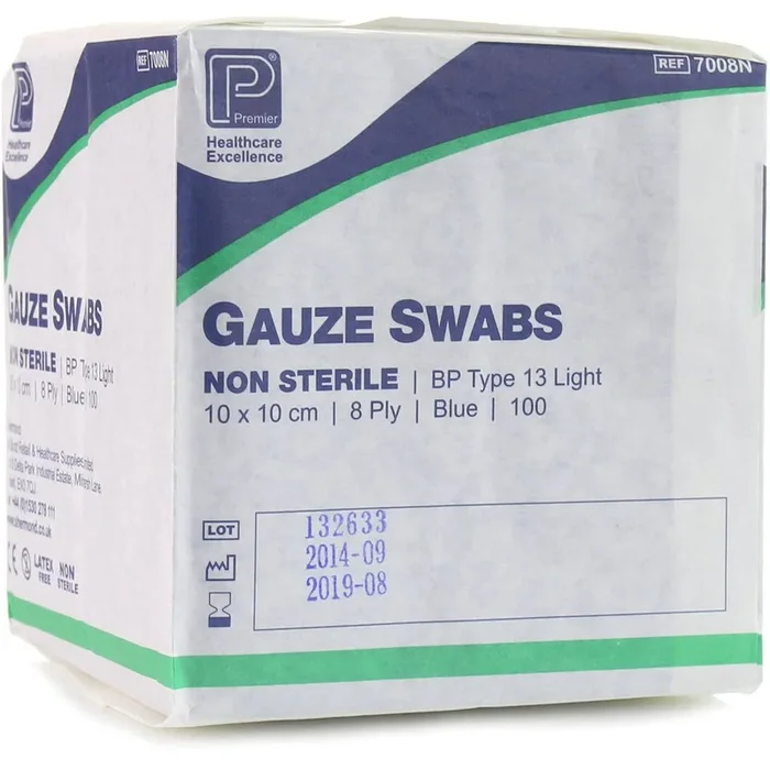 10cm x 10cm 8 Ply Premier Blue Cotton Gauze Swabs Pack of 100