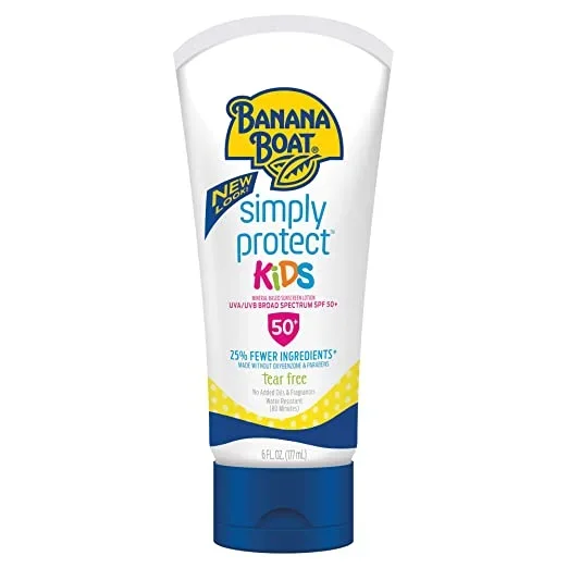 Banana Boat Simplemente proteja la loción solar a base de minerales para niños, SPF 50+, sin lágrimas, 25% menos ingredientes, 6 oz