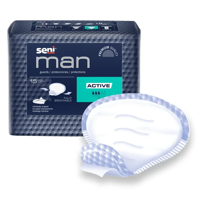 Bladder Control Pad Seni® Man Active 8-9/10 X 10-3/5 Inch Moderate Absorbency Super Absorbent Core One Size Fits Most