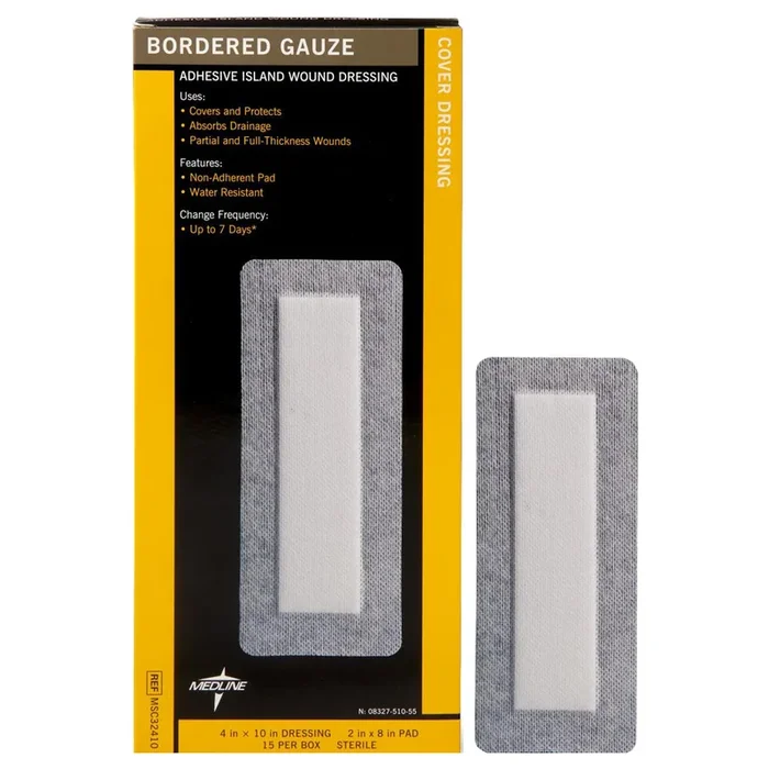 Bordered Gauze Adhesive Island Wound Dressing, 4″ x 10″