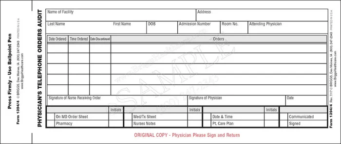 Briggs Healthcare Telephone Orders – 500 Per Package