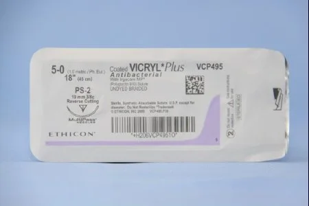 Coated Vicryl Plus Antibacterial Suture with Needle Absorbable Coated Undyed Suture Braided Polyglactin 910 with Irgacare MP Antibacterial Suture Size 5-0 18 Inch Suture 1-Needle 19 mm Length 3/8 Circle Precision Point – Reverse Cutting Needle