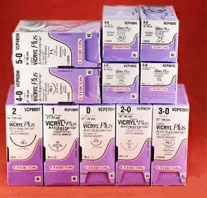 Coated Vicryl Plus Antibacterial Suture with Needle Absorbable Coated Undyed Suture Braided Polyglactin 910 with Irgacare MP Antibacterial Suture Size 3-0 27 Inch Suture 1-Needle 19 mm Length 3/8 Circle Reverse Cutting Needle