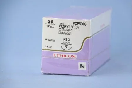 Coated Vicryl Plus Antibacterial Suture with Needle Absorbable Coated Undyed Suture Braided Polyglactin 910 with Irgacare MP Antibacterial Suture Size 5-0 18 Inch Suture 1-Needle 16 mm Length 3/8 Circle Precision Point – Reverse Cutting Needle