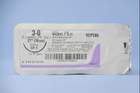 Coated Vicryl Plus Antibacterial Suture with Needle Absorbable Coated Undyed Suture Braided Polyglactin 910 with Irgacare MP Antibacterial Suture Size 3-0 27 Inch Suture 1-Needle 36 mm Length 1/2 Circle Reverse Cutting Needle