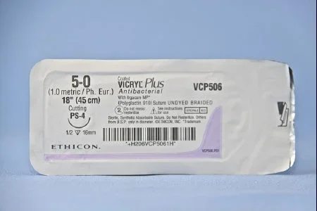 Coated Vicryl Plus Antibacterial Suture with Needle Absorbable Coated Undyed Suture Braided Polyglactin 910 with Irgacare MP Antibacterial Suture Size 5-0 18 Inch Suture 1-Needle 16 mm Length 1/2 Circle Precision Point – Reverse Cutting Needle
