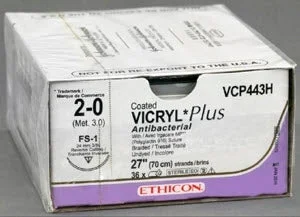 Coated Vicryl Plus Antibacterial Suture with Needle Absorbable Coated Undyed Suture Braided Polyglactin 910 with Irgacare MP Antibacterial Suture Size 2-0 27 Inch Suture 1-Needle 24 mm Length 3/8 Circle Reverse Cutting Needle