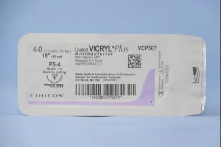 Coated Vicryl Plus Antibacterial Suture with Needle Absorbable Coated Undyed Suture Braided Polyglactin 910 with Irgacare MP Antibacterial Suture Size 4-0 18 Inch Suture 1-Needle 16 mm Length 1/2 Circle Precision Point – Reverse Cutting Needle
