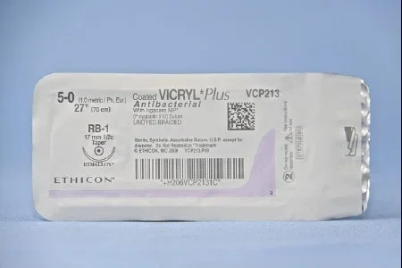 Coated Vicryl Plus Antibacterial Suture with Needle Absorbable Coated Undyed Suture Braided Polyglactin 910 with Irgacare MP Antibacterial Suture Size 5-0 27 Inch Suture 1-Needle 17 mm Length 1/2 Circle Taper Point Needle