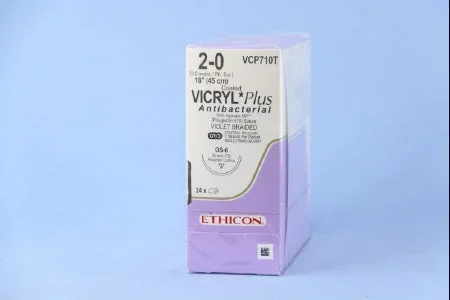 Coated Vicryl Plus Antibacterial Suture with Needle Absorbable Coated Violet Suture Braided Polyglactin 910 with Irgacare MP Antibacterial Suture Size 2-0 18 Inch Suture 1-Needle 36.4 mm Length 1/2 Circle Reverse Cutting Needle