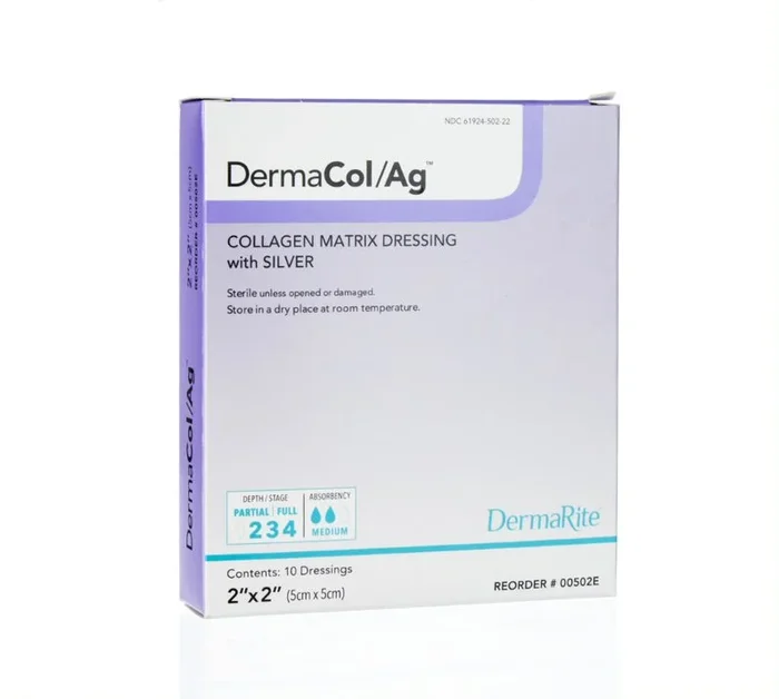 DermaCol Ag Collagen Matrix Wound Dressing with Silver, 2″ x 2″