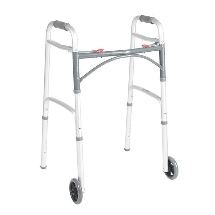 Drive Deluxe Adult Folding Patient Walker, Two Button, with 5″ Wheels, Assembled, 350 lb Capacity, 24″ x 32″ to 39″