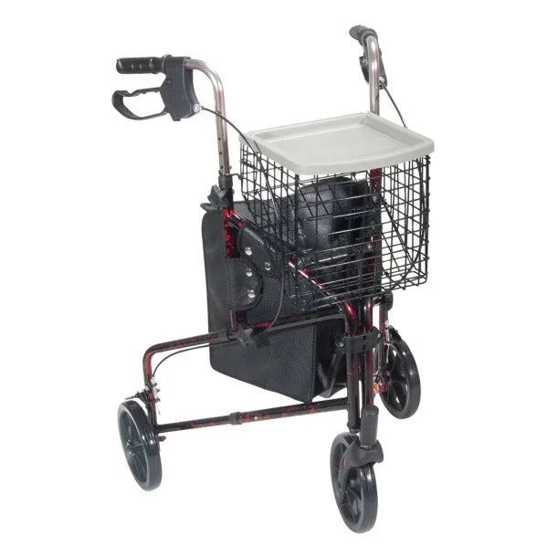 Drive Medical 3 Wheel Rollator Rolling Walker with Basket Tray and Pouch, Flame Red