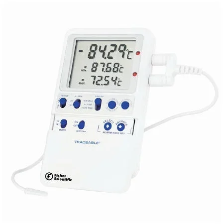 Fisher Scientific Fisherbrand Traceable Digital Refrigerator / Freezer Thermometer Fahrenheit / Celsius -148° to 158°F (-100° to 70°C) Platinum RTD Stainless Steel Probe Multiple Mounting Options Battery Operated – 15081109