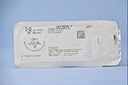J & J Healthcare Systems Coated Vicryl Suture with Needle Absorbable Coated Violet Suture Braided Polyglactin 910 Size 3-0 36 Inch Suture 1-Needle 36 mm Length 1/2 Circle Reverse Cutting Needle – J471H