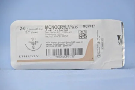 J & J Healthcare Systems Monocryl Plus Antibacterial Suture with Needle Absorbable Uncoated Undyed Suture Poliglecaprone 25 with Irgacare MP Antibacterial Suture Size 2-0 27 Inch Suture 1-Needle 26 mm Length 1/2 Circle Taper Point Needle – CP417H
