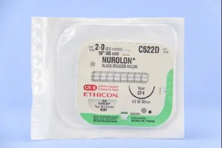 J & J Healthcare Systems Nurolon Suture with Needle Nonabsorbable Coated Black Suture Braided Nylon Size 2-0 18 Inch Suture 1-Needle 36 mm Length 1/2 Circle Taper Point Needle – C522D
