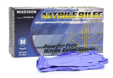 McKesson McKesson NITRILE 911 EC Exam Glove Medium NonSterile Nitrile Extended Cuff Length Textured Fingertips Blue Chemo Tested – 14-050-