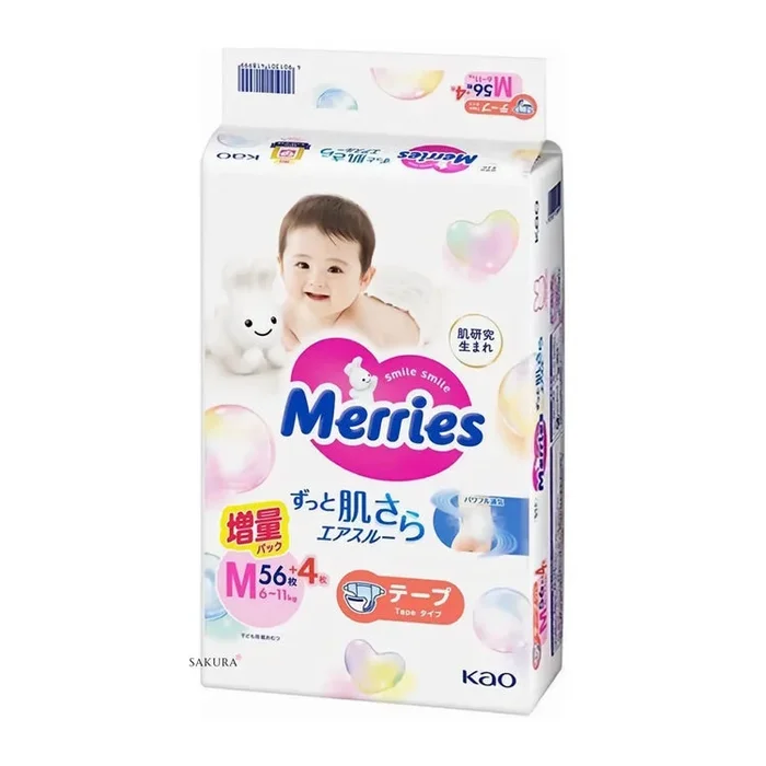 Merries Super Absorbent Breathable Soft Unisex Nappy Size M for 6-11kg Babies Jumbo Pack 60ct