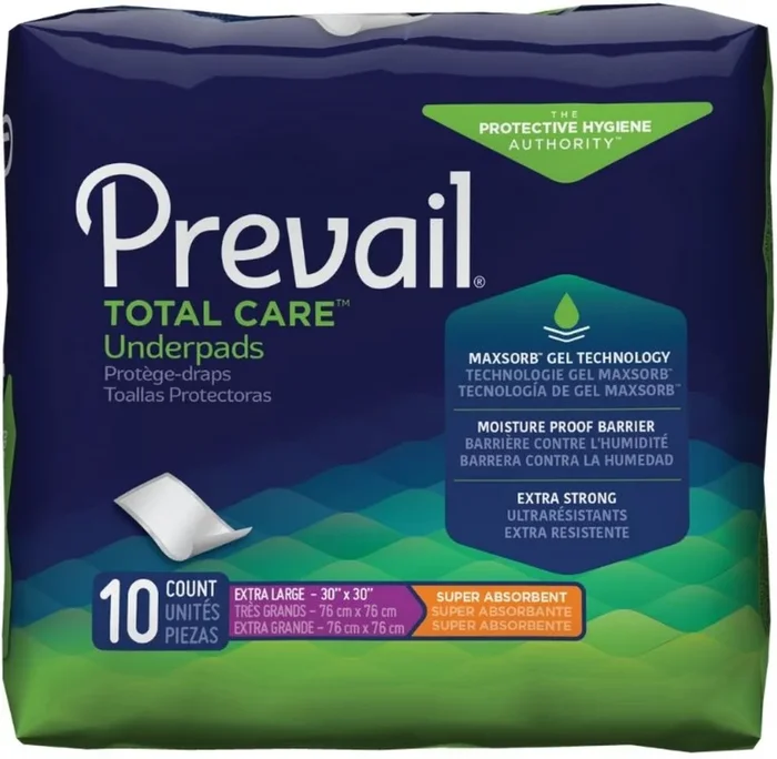 Prevail Total Care Underpads, Super Absorbent, Extra Large 30″ X 30″, 10 count