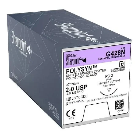 Surgical Specialties PolySyn Suture with Needle Absorbable Coated Undyed Suture Braided Polyglycolic Acid Suture Size 2-0 27 Inch Suture 1-Needle 19 mm Length 3/8 Circle Precision Reverse Cutting Needle – G428N